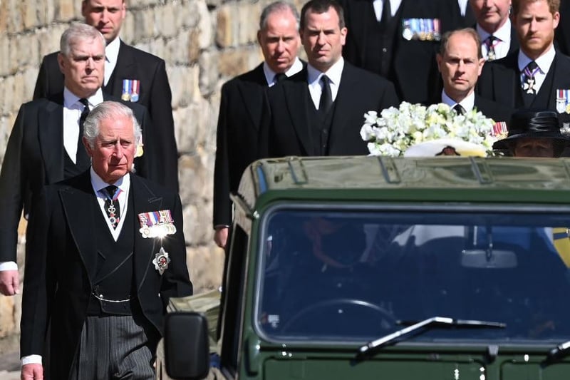 Princess Anne,Prince Charles, Prince Andrew, Prince Edward, Prince William, Peter Phillips, Prince Harry, Earl of Snowdon David Armstrong-Jones and Vice-Admiral Sir Timothy Laurence follow Prince Philip's coffin during the Ceremonial Procession