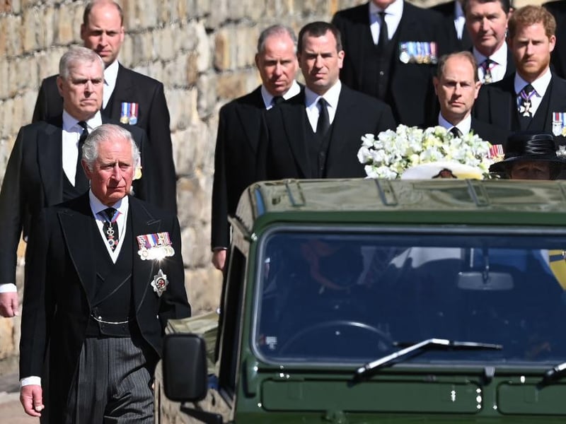 Princess Anne,Prince Charles, Prince Andrew, Prince Edward, Prince William, Peter Phillips, Prince Harry, Earl of Snowdon David Armstrong-Jones and Vice-Admiral Sir Timothy Laurence follow Prince Philip's coffin during the Ceremonial Procession
