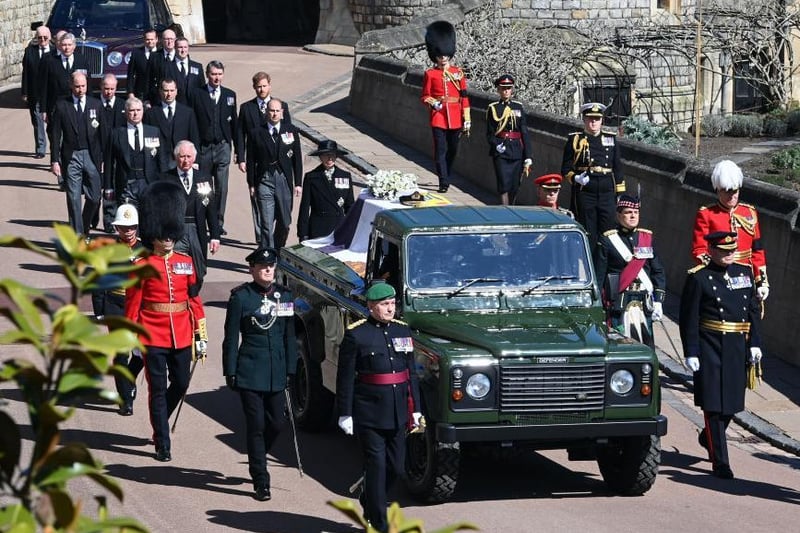 Princess Anne, Prince Charles, Prince Andrew, Prince Edward, Prince William, Peter Phillips, Prince Harry, Earl of Snowdon David Armstrong-Jones and Vice-Admiral Sir Timothy Laurence follow Prince Philip's coffin to st George's Chapel