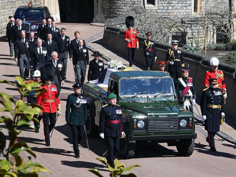 Princess Anne, Prince Charles, Prince Andrew, Prince Edward, Prince William, Peter Phillips, Prince Harry, Earl of Snowdon David Armstrong-Jones and Vice-Admiral Sir Timothy Laurence follow Prince Philip's coffin to st George's Chapel