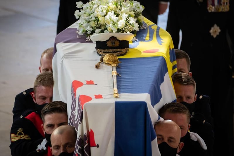 he coffin of Prince Philip, Duke of Edinburgh, is carried into his funeral service at St George's Chapel