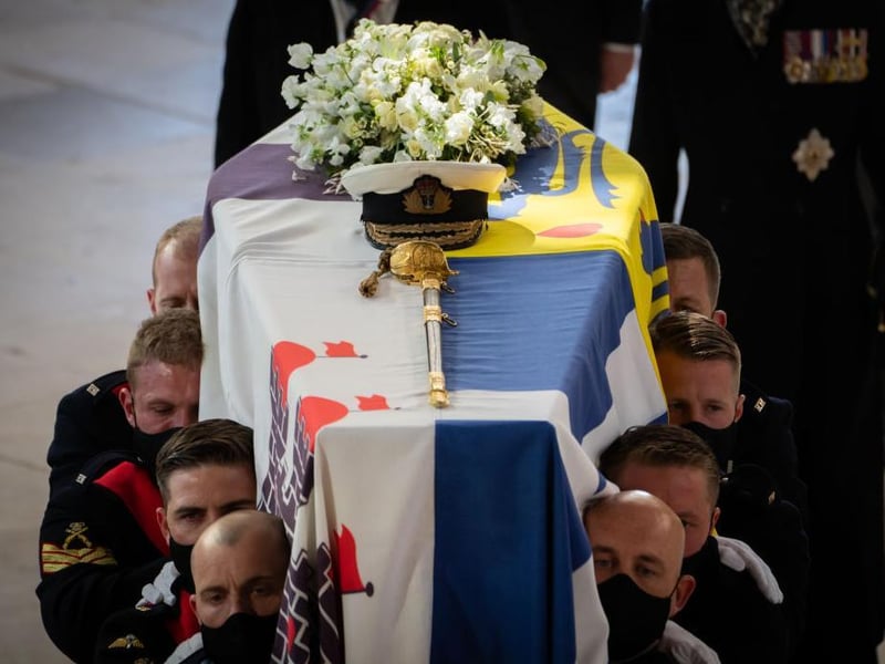 he coffin of Prince Philip, Duke of Edinburgh, is carried into his funeral service at St George's Chapel