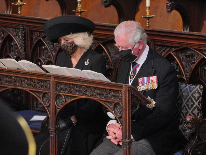 The Duchess and Duke of Cornwall attend the funeral of Prince Philip, Duke of Edinburgh, at St George's Chapel at Windsor Castle