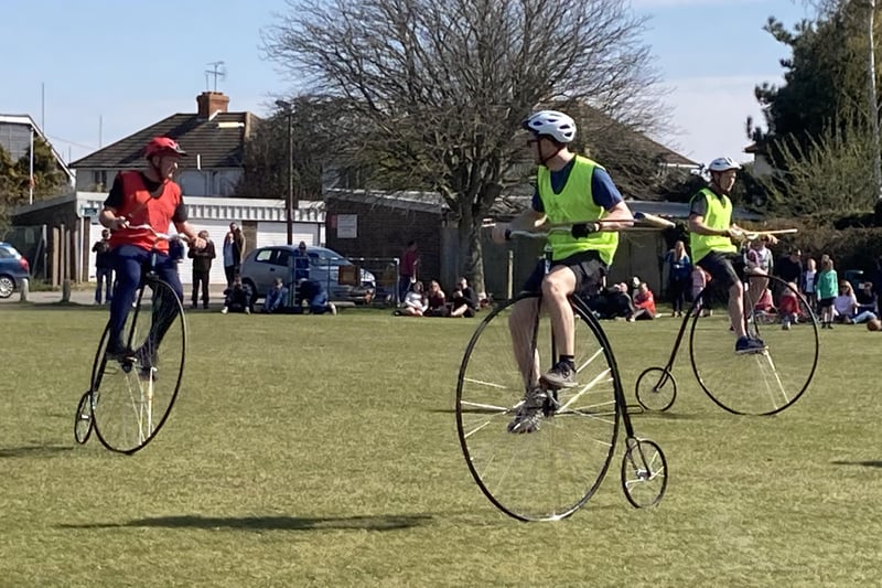 The England international penny-farthing polo squad training in Upper Beeding