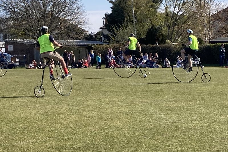 The England international penny-farthing polo squad training in Upper Beeding