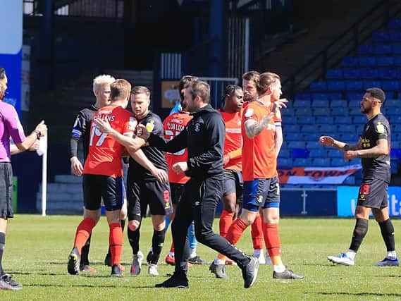 Luton celebrate their stunning 1-0 win over Watford on Saturday