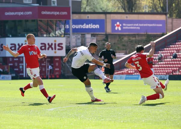 Jonson Clarke-Harris of Peterborough United scores  fror Posh against Charlton. Photo: Joe Dent/theposh.com.