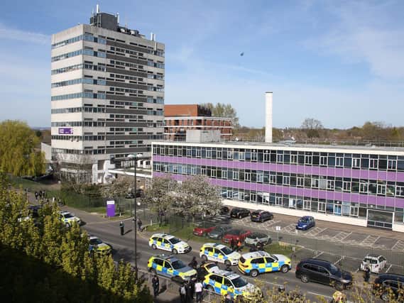 Emergency services around Crawley College this afternoon