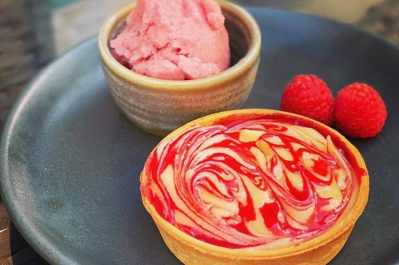 white chocolate and raspberry tartlet with respberry sorbet