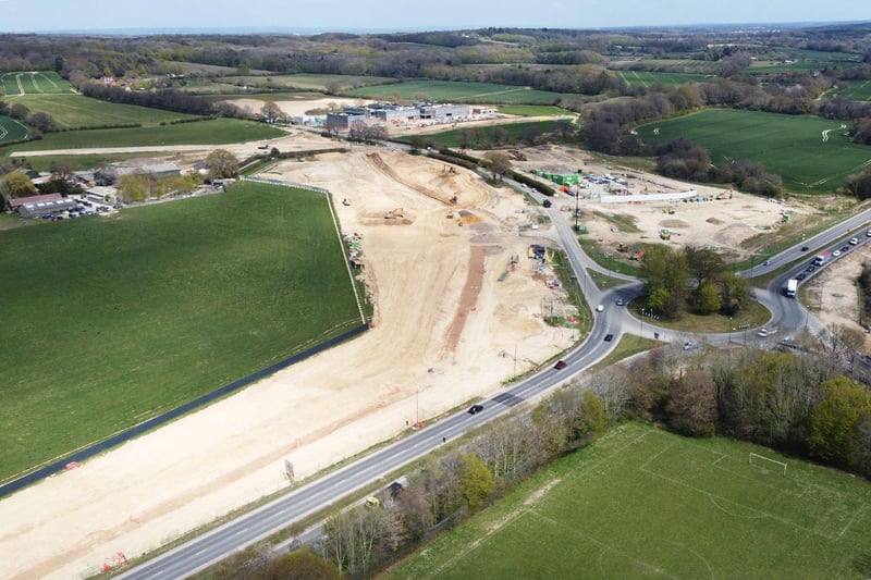 An aerial view from the other side of the site off the A264