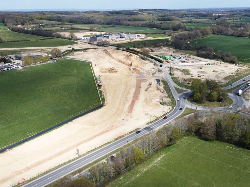 An aerial view from the other side of the site off the A264