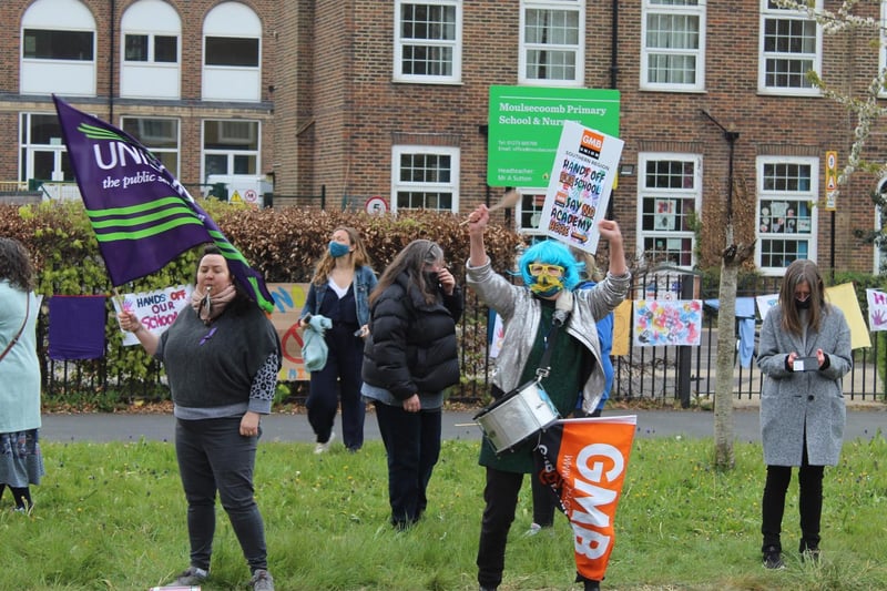 People supporting the strike action called over academy plans for Moulsecoomb Primary School