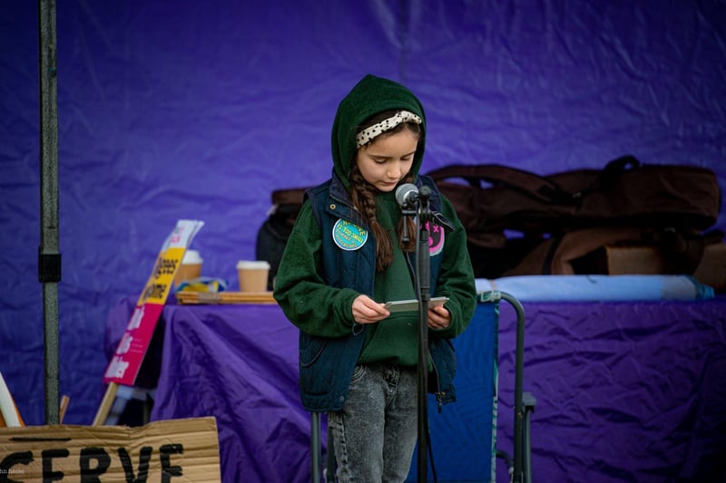 Eight-year-old climate activist Dulcie makes a speech at Wish Tower lawn. SUS-210405-163038001