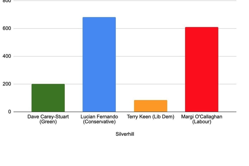 Conservatives GAIN Silverhill from Labour. Dave Carey-Stuart (Green) 201; 
Lucian Fernando (Conservative) 682 - Elected; 
Terry Keen (Lib Dem) 85; 
Margi O'Callaghan - Incumbent (Labour) 612.