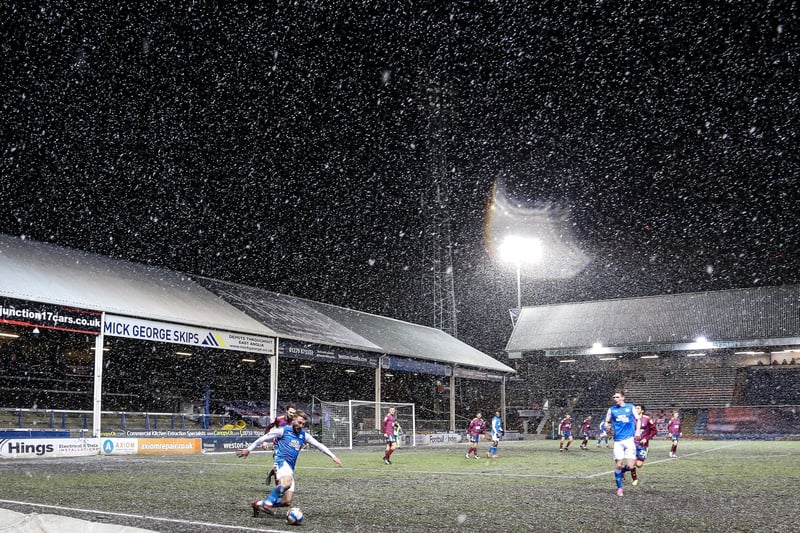 Dan Butler on the ball in the snow in the February win over Ipswich.
