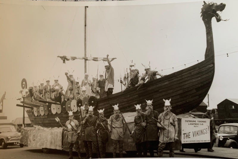 Eastbourne fishermanâ€TMs and boatmans club the Viking float with captured Eastbourne maiden strapped to the mast 1960 Eastbourne carnival SUS-211105-154809001