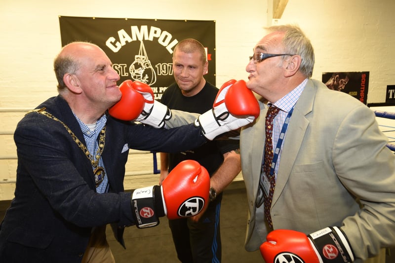 John with former council leader John Peach visiting the Cambridgeshire police boxing gym in Paston EMN-150909-223702009