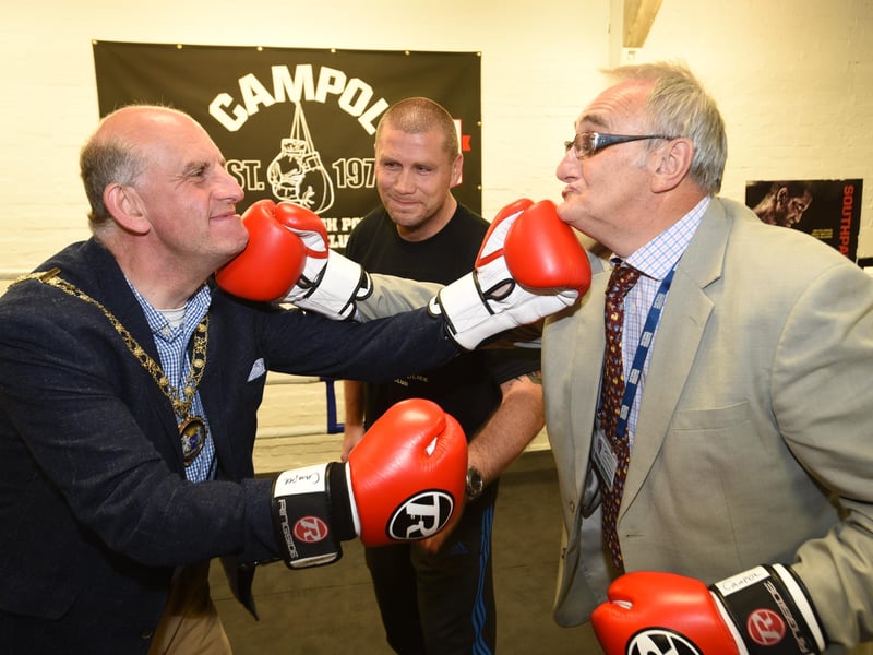 John with former council leader John Peach visiting the Cambridgeshire police boxing gym in Paston EMN-150909-223702009
