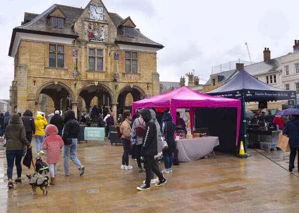 The vegan market in Peterborough city centre today.