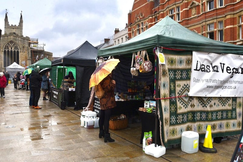 The vegan market in Peterborough city centre today.