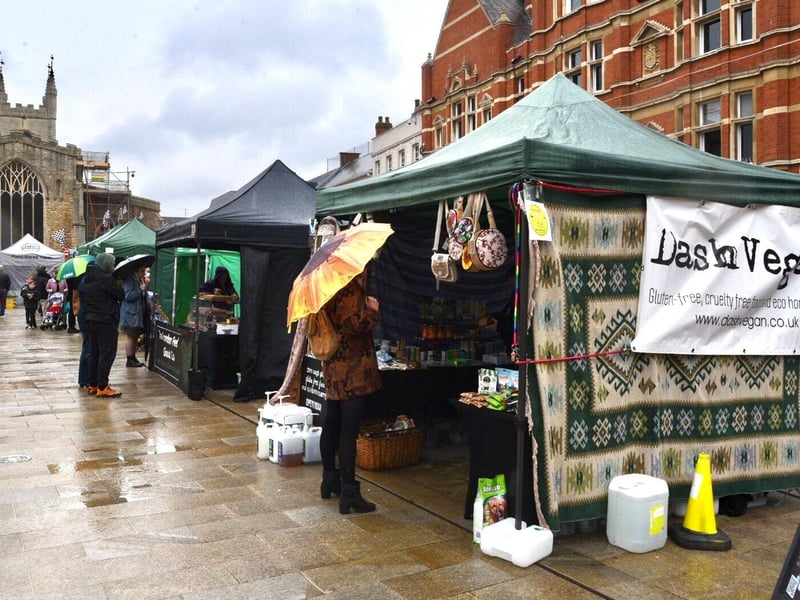 The vegan market in Peterborough city centre today.