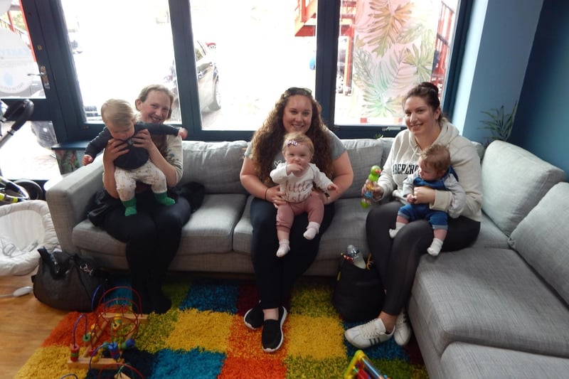 Emma Balls, with Aaron, Dani Wilkinson, with Isabella, and Ellie Setters with Rhys at CJs Cafe