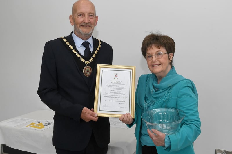 Janice Sutton receives the Skegness Community Award from the Mayor of Skegness Coun Trevor Burnham.