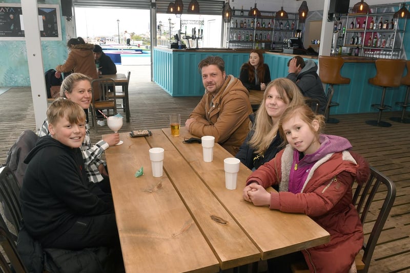 Cheers - Pictured in the new Playa on the Pier bar are (from left) Alfie Berkin 12, Sandy Smith, Anthony Stone, Ellie Stone 14, Isabel Berkin 9. From Ilkeston.