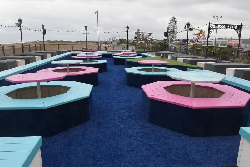 Outdoor pods at the Playa on the Pier bar in Skegness.