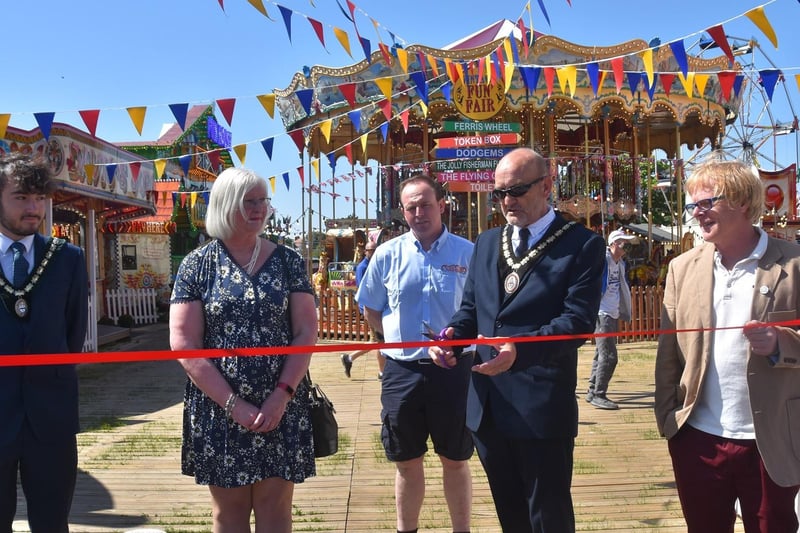 The official opening of Skegness Vintage Fair with Deputy Mayor Coun Billy Brookes, Coun Julie Sadler, Henry Chipperfield, Mayor Coun Trevor Burnham and Honoured Citizen John Byford.