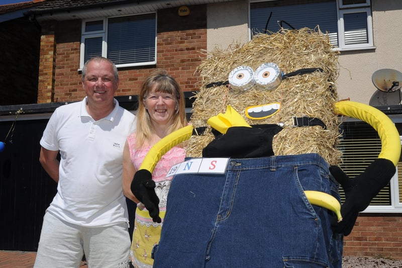 Scarecrow Festival at Werrington.  Tracey and Mark Chambers with their joint neighbours  scarecrow EMN-210529-155109009