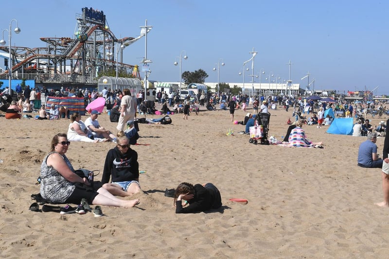 Crowds soaking up the sun on Skegness beach.