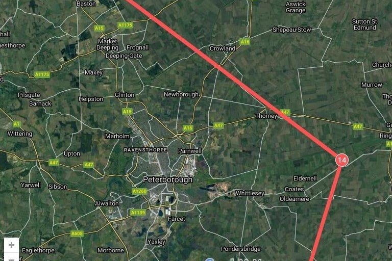 The expected Red Arrows flight path as it passes near Peterborough at around 2.14pm.