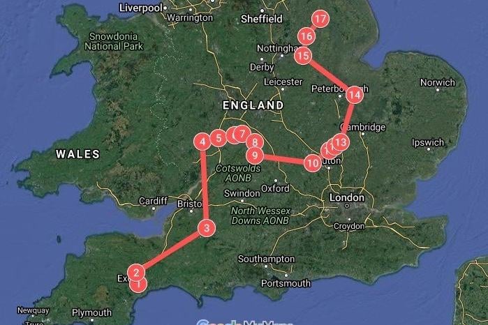 The Red Arrows' flight route taking in two displays ans parts of Cambridgeshire on Sunday, June 6.