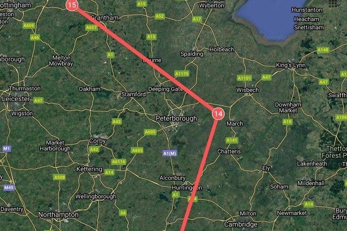 The planned Red Arrows' flight path over Cambridgeshire for Sunday, June 6.