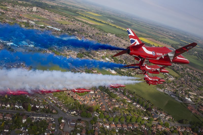 The Red Arrows marked the 75th Anniversary of VE Day during the Corona Virus pandemic by performing multiple flypasts, namely over the capital. London. Images were captured from the back seat of Red 8s jet, image shows the jets above Lincoln after performing a flypast. Picture: Cpl Adam Fletcher - RAF /© MOD Crown Copyright 2020