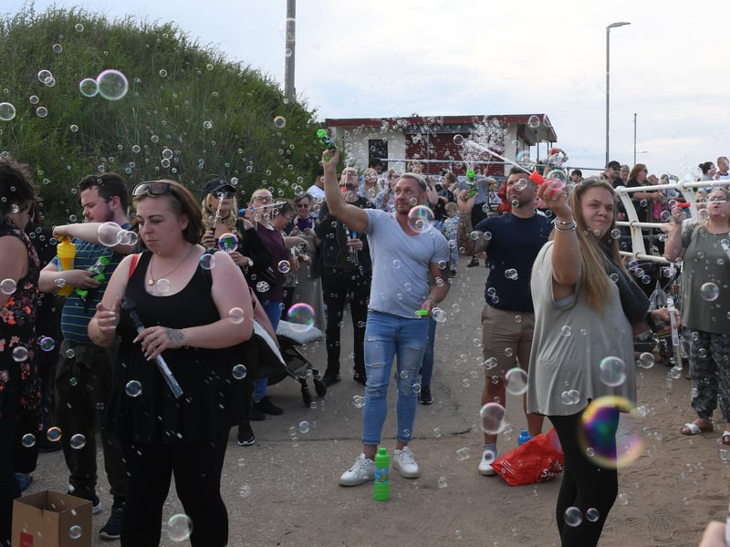 Bubbles released at Chapel St Leonards beach front, for DJ and Bethany