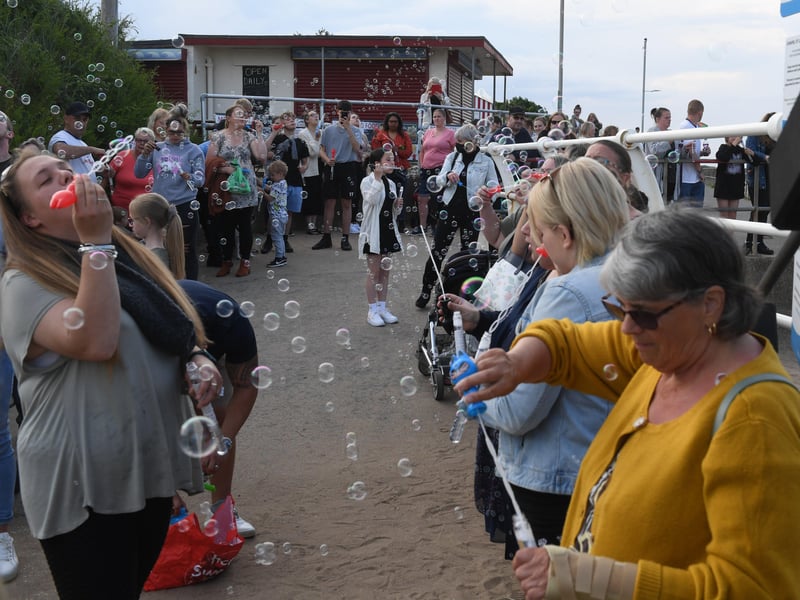 Bubbles released at Chapel St Leonards beach front, for DJ and Bethany