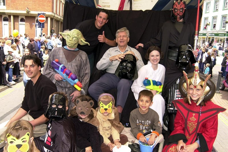 Let the force be with you....David Prowse (centre) with Star Wars characters on the Williams Brothers carnival float. (Picture: Andrew Carpenter)
