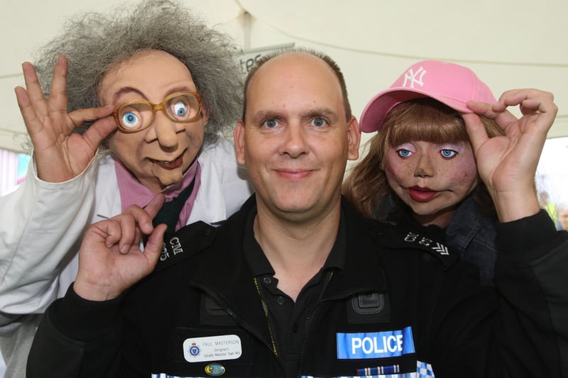 Sgt Paul Masterson, Casualty Reduction Team, Roads Policing Unit, Uckfield, with puppets from Puppet Broadcasting Company. Photo by Steve Cobb in 2010.