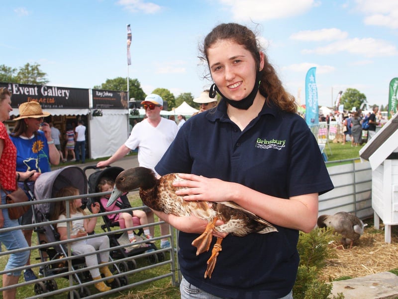 DM21060497a.jpg. South Of England Show 2021. Emma Leete from Brinsbury College, with a Welsh Harlequin Duck. Photo by Derek Martin Photography. SUS-211206-201458008