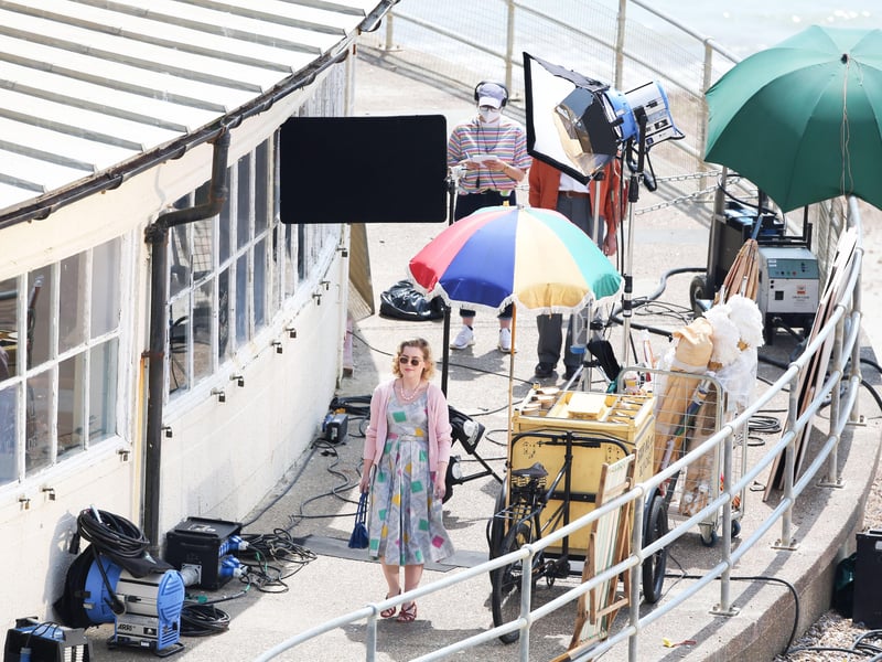 Bill Nighy was filming at Worthing Lido this week. Other actors were seen wearing what looked to be 1950s clothing.