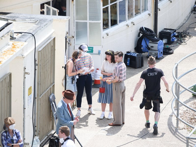 Bill Nighy was filming at Worthing Lido this week. Other actors were seen wearing what looked to be 1950s clothing.