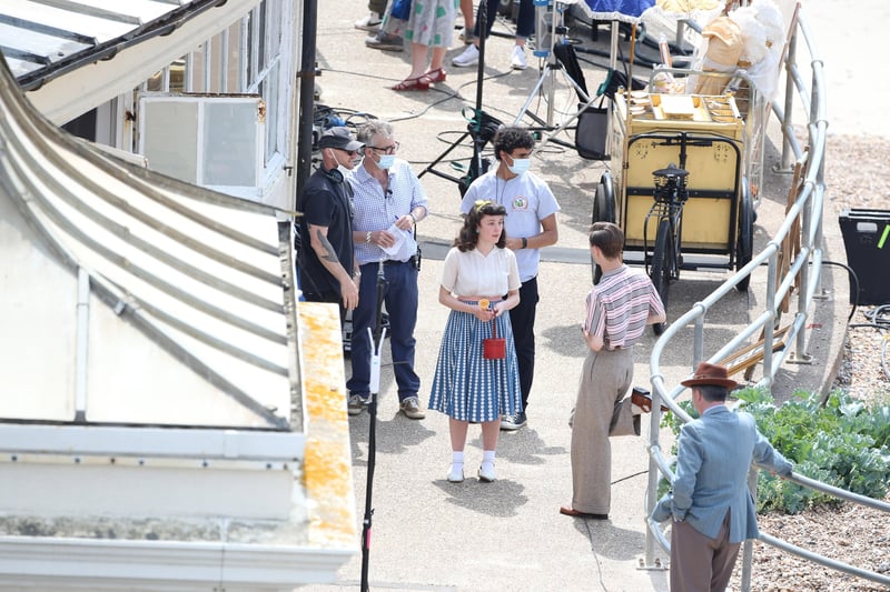 Bill Nighy was filming at Worthing Lido this week. Other actors were seen wearing what looked to be 1950s clothing.