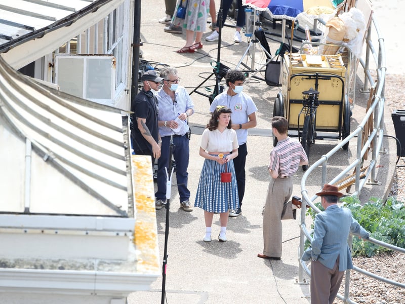 Bill Nighy was filming at Worthing Lido this week. Other actors were seen wearing what looked to be 1950s clothing.