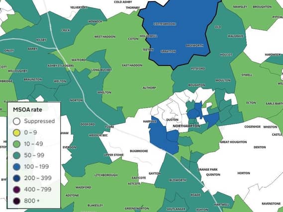Areas in blue and dark green are those where Covid-19 cases are climbing