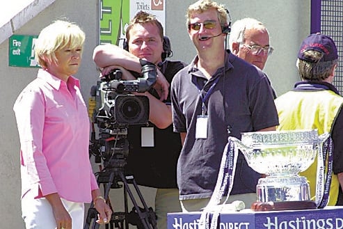 Sue Barker and a film crew at Eastbourne tennis tournament