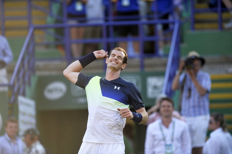 Andy Murray celebrates his win over Stan Wawrinka today at the Nature Valley International Tournament at Devonshire Park in Eastbourne (Photo by Jon Rigby) SUS-180625-195157002