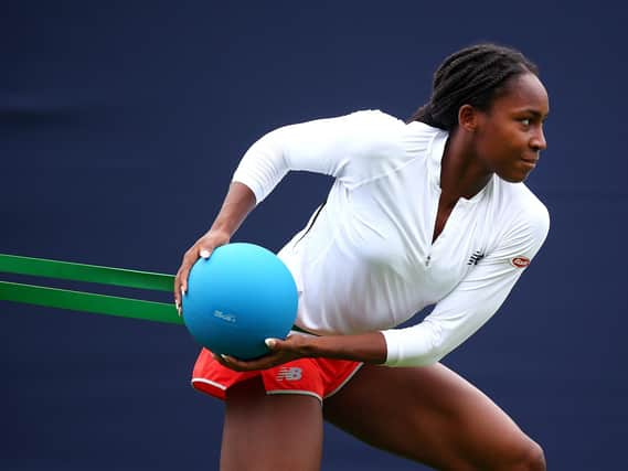 Coco Gauff on court on the opening day of the 2021 Viking International at Devonshire Park, Eastbourne / Pictures: Charlie Crowhurst, Getty