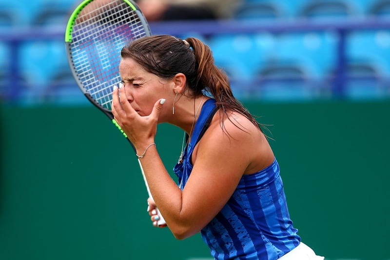 Jodie Burrage on court on the opening day of the 2021 Viking International at Devonshire Park, Eastbourne / Pictures: Charlie Crowhurst, Getty